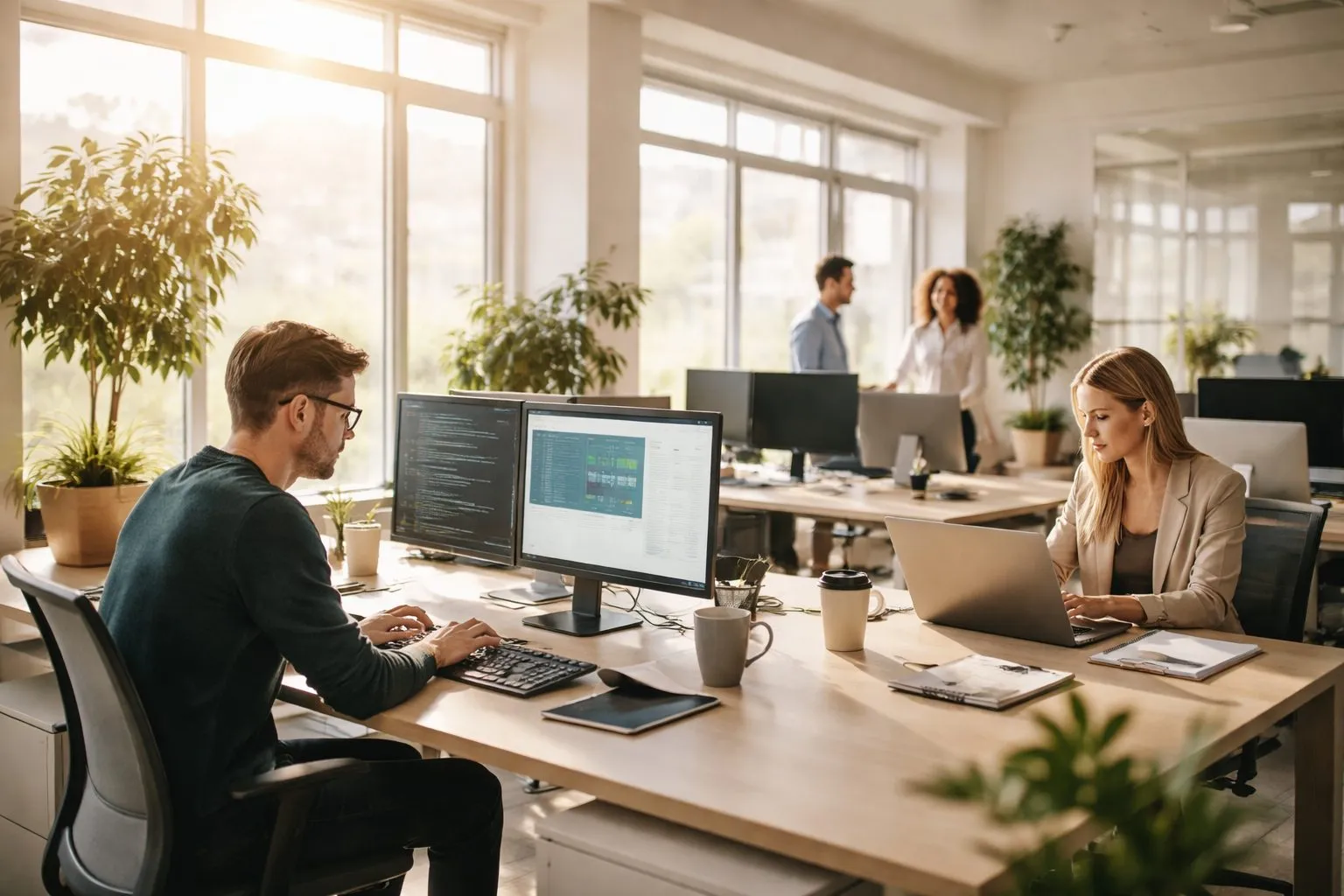 Modern open-plan tech office with team working