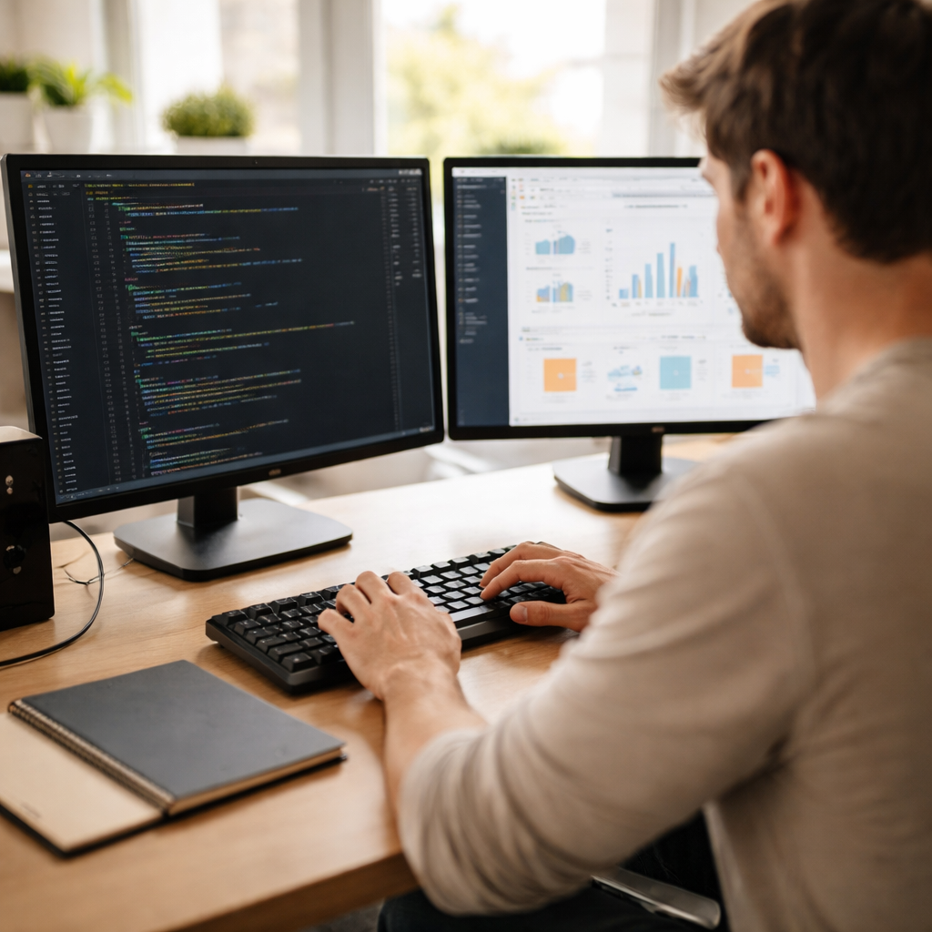 Developer at a clean dual-monitor workstation
